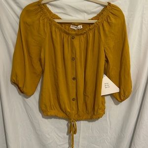 NWT Cropped Cinch Waist Mustard Yellow 3/4 Sleeve Top